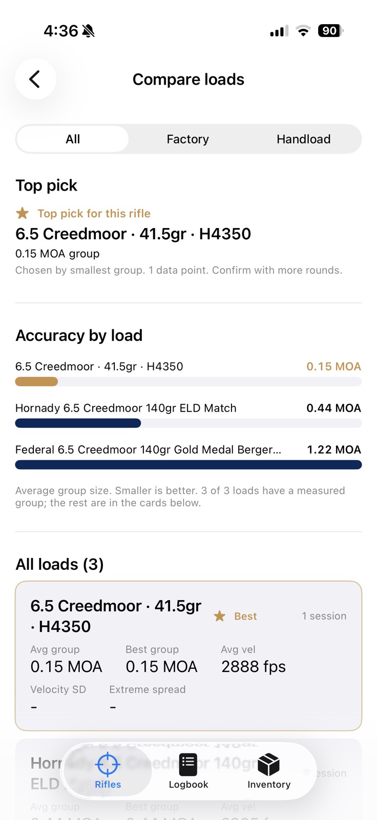 RifleSense compare loads screen